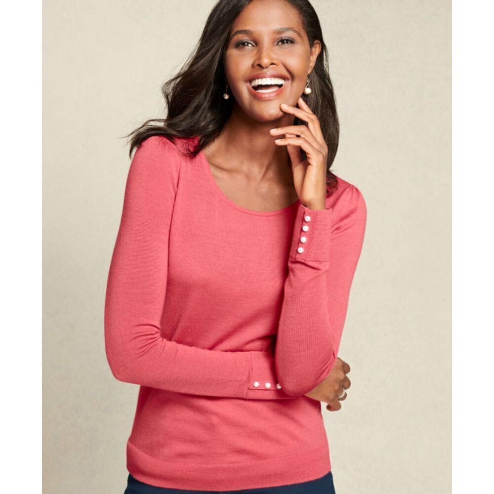 Talbots Gathered Shoulder 100% Pure Merino Wool Sweater Pearl Cuffs Women's M